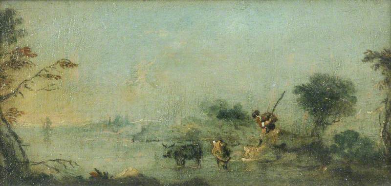 Laguunin capriccio kyläläisen ja karjan kanssa - Francesco Guardi