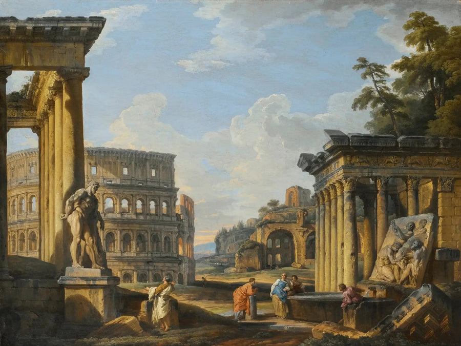 Klassisten raunioiden capriccio, jossa on Antoniuksen ja Faustinan temppeli, Colosseum, Maxentiuksen basilika - Giovanni Paolo Panini