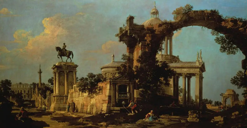 Romanien raunioiden capriccio kirkolla kupolikatolla ja Colleoni-muistomerkillä - Canaletto