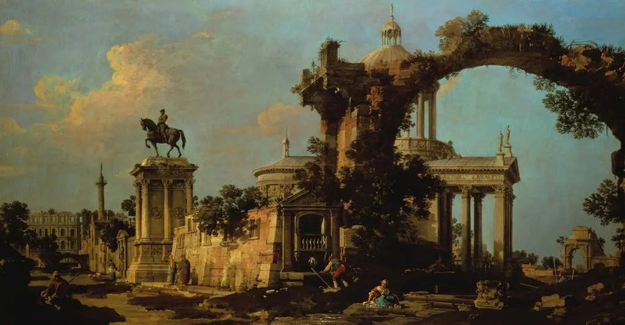 Romanien raunioiden capriccio kirkolla kupolikatolla ja Colleoni-muistomerkillä - Canaletto