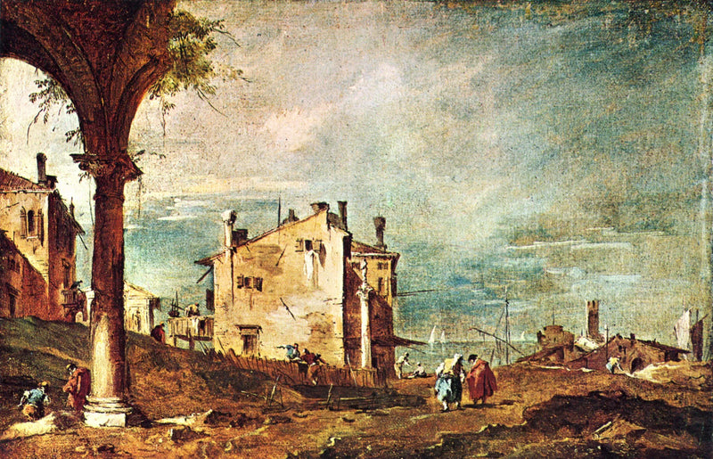 Capriccio : Rauniot arkkien ja maatilojen äärellä laguunin rannalla - Francesco Guardi