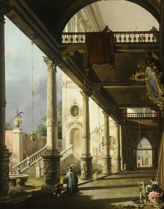 Capriccio : pyloni, joka avautuu palatsin pihalle - Canaletto