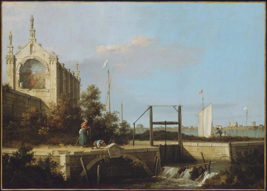 Capriccio : Suluportti joessa kappelin kanssa - Canaletto