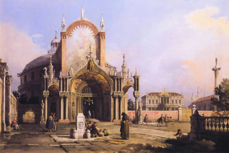 Capriccio: pyöreä kirkko monimutkaisella goottilaistornilla ja portiikilla aukiolla, palladialainen aukio ja goottilainen kirkko taustalla - Canaletto