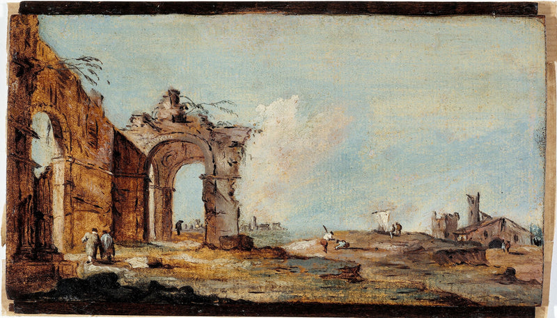 Caprice, arkkitehtuurinen ja kalastajakylämaisema - Francesco Guardi