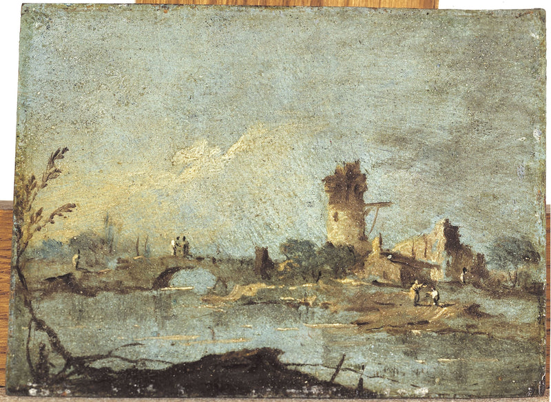 Rustiikkinen kapriisi, jossa on silta ja raunioitunut torni - Francesco Guardi