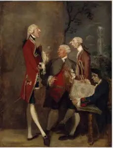 Thomas Brudenellin, baron Bruce, kunnioitettavan John Wardin, Joseph Leesonin, tulevan toisen Milltownin kreivin, ja Joseph Henry de Shaffordin karikatyyri - Joshua Reynolds
