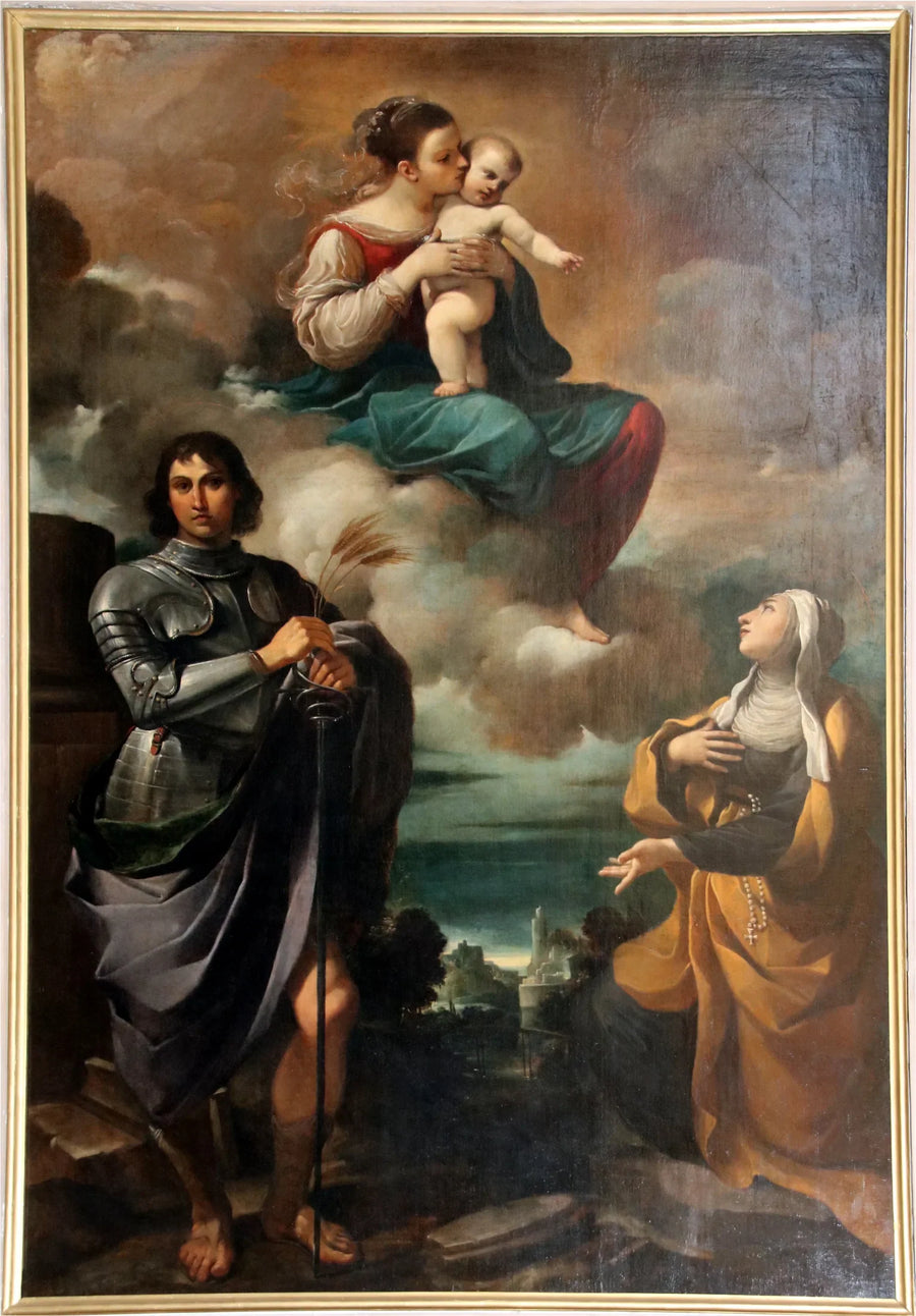 Madonna lapsineen kirkossa taivaan kunniassa, yhdessä pyhimysmonakin - Guercino