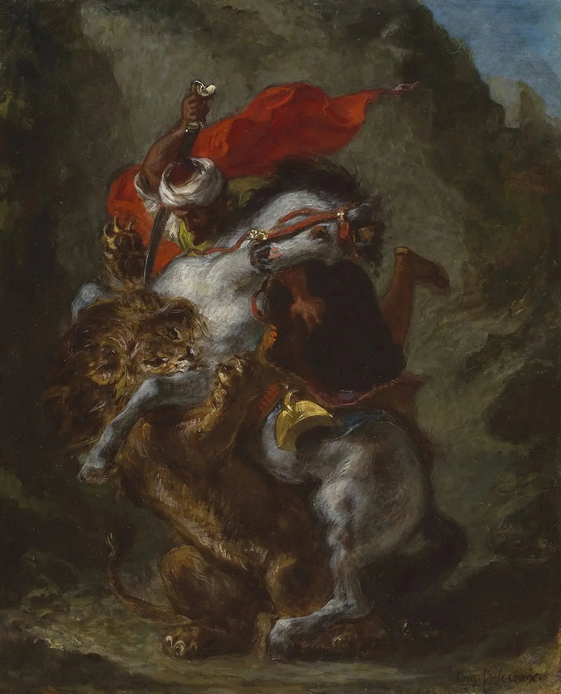 Arabialainen ratsastaja, jota hyökkää leijona - Eugène Delacroix