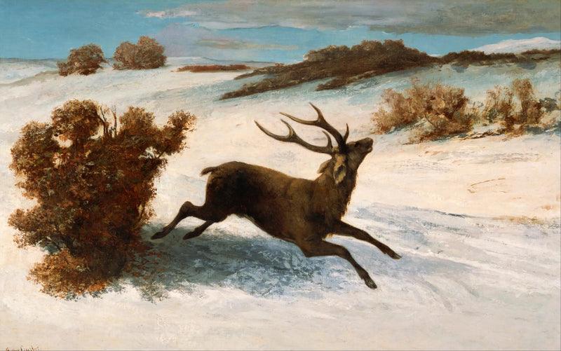 Juokseva hirvi lumessa - Gustave Courbet