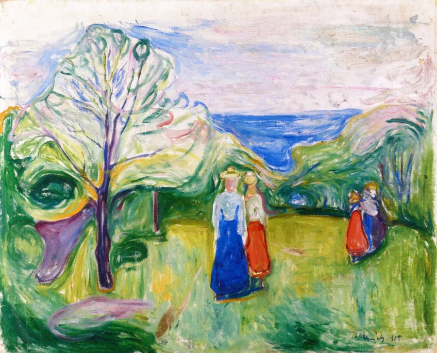 Kukkiva kirsikka ja Nuoret tytöt puutarhassa - Edvard Munch