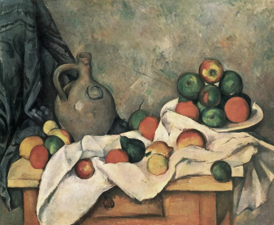 Verho, kannu ja hedelmäkulho - Paul Cézanne
