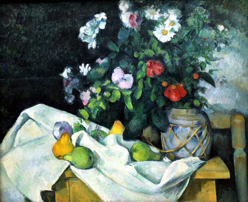 Kukkia inkivääriruukussa ja hedelmiä - Paul Cézanne