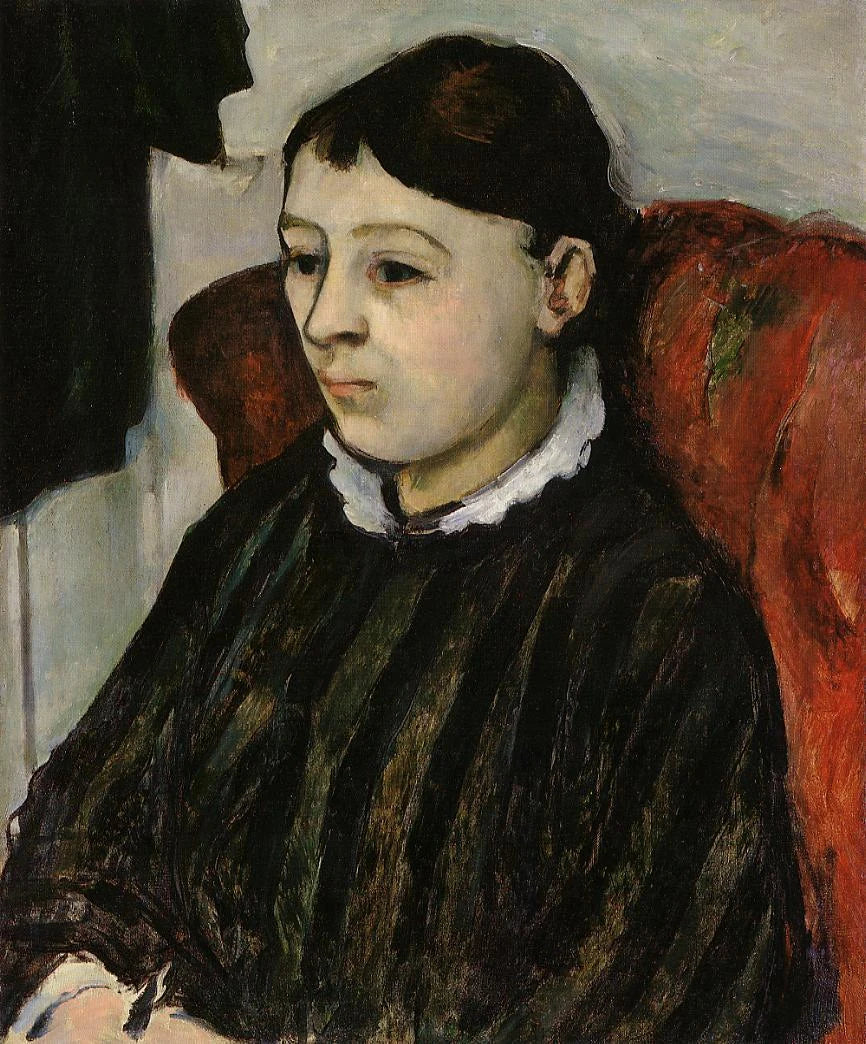 Rouva Cezanne raidallisessa mekossa - Paul Cézanne