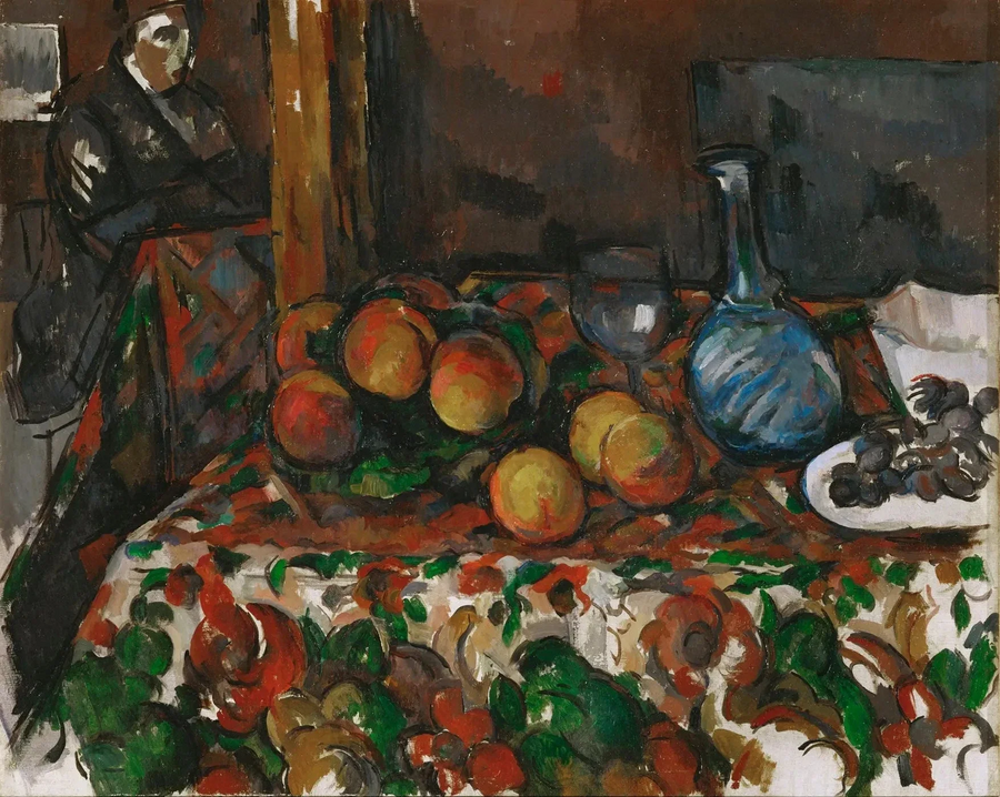 Persikoita, karahvi ja hahmo - Paul Cézanne