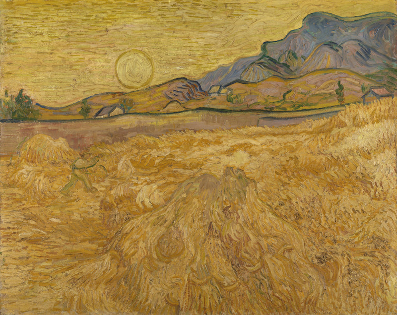 Viljapelto niittokoneen ja auringon kanssa - Vincent van Gogh