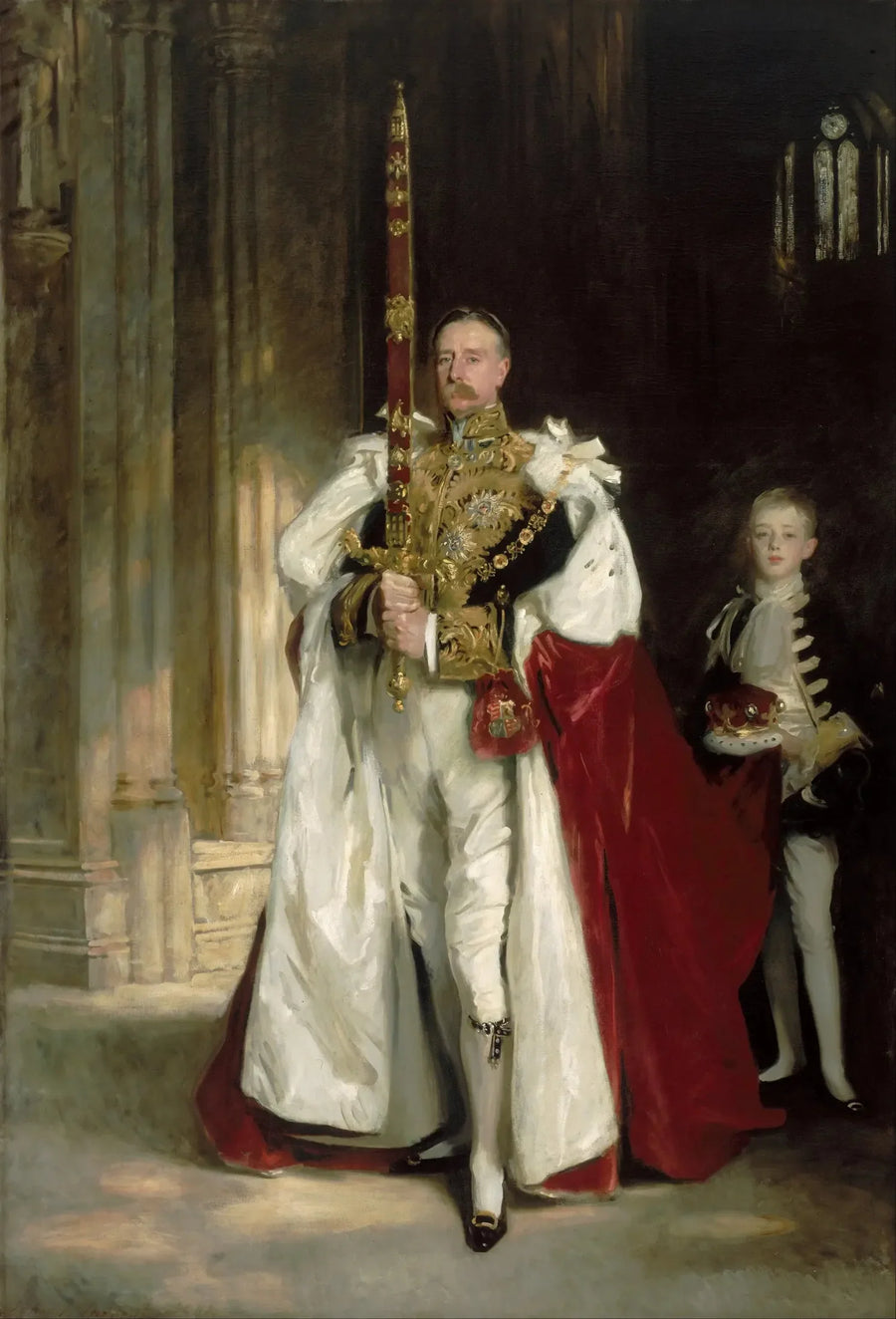Charles Stewart, kuudes Londonderryn markiisi, kantamassa suurta valtiollista miekkaa kuningas Edward VII:n kruunajaisissa elokuussa 1902, ja herra W. C. Beaumont, hänen sivupersonansa tuona tilaisuutena - John Singer Sargent