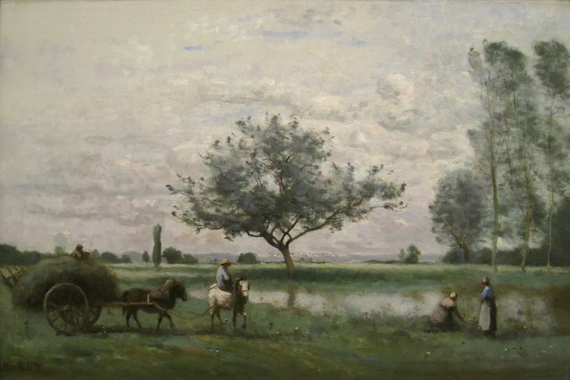 Heinävaunu kulkee joen varrella - Jean-Baptiste Camille Corot