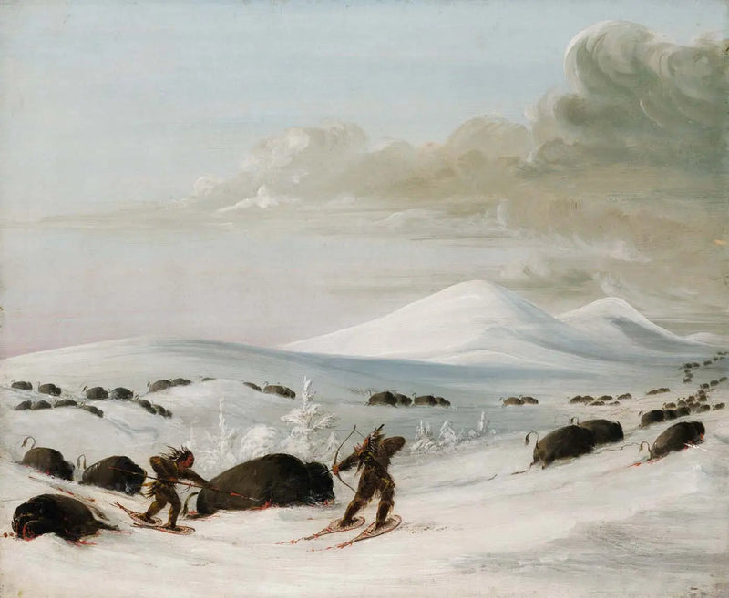 Bisonin metsästys lumihangessa, takaa-ajo intiaaneja lumikenkoilla - George Catlin