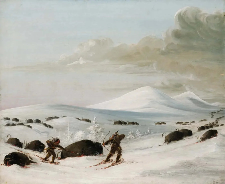 Bisonin metsästys lumihangessa, takaa-ajo intiaaneja lumikenkoilla - George Catlin
