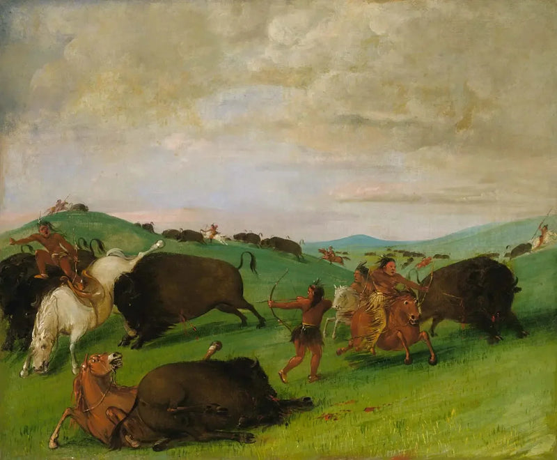 Bisonin metsästys, taureja taistelemassa miesten ja hevosten kanssa - George Catlin