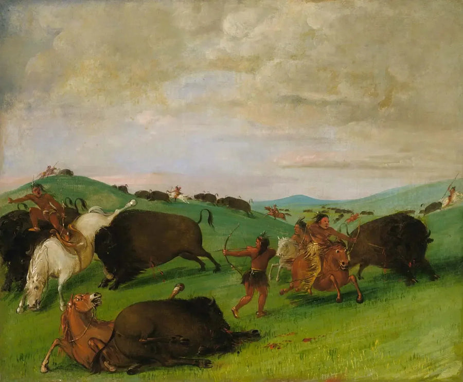 Bisonin metsästys, taureja taistelemassa miesten ja hevosten kanssa - George Catlin