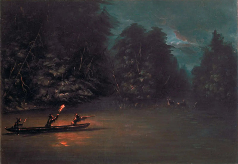 Peuranmetsästys soihtujen kanssa kanoottia pitkin kuoren - George Catlin