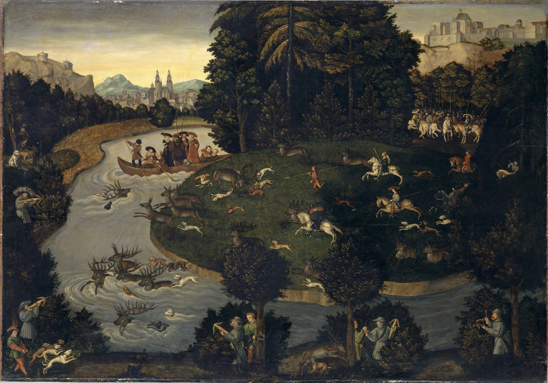 Metsästys hirvistä Frédéric le Sage'n kanssa keisari Maximilian I:n kanssa - Lucas Cranach vanhempi