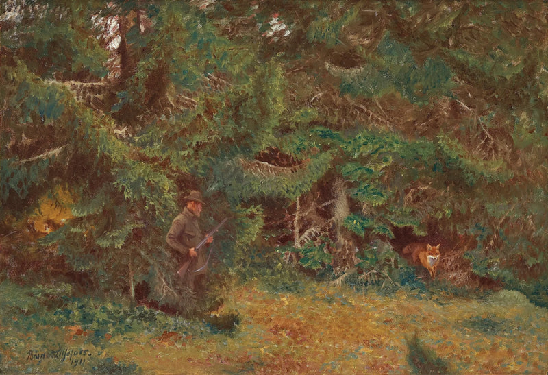 Metsästäjä ja kettu - Bruno Liljefors