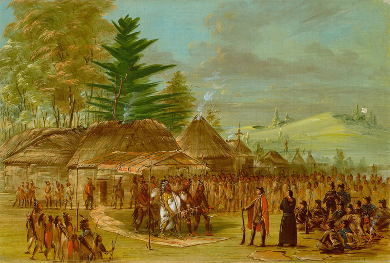 Taensa-intiaanijohtaja vastaanottaa La Sallea. 20. maaliskuuta 1682 - George Catlin
