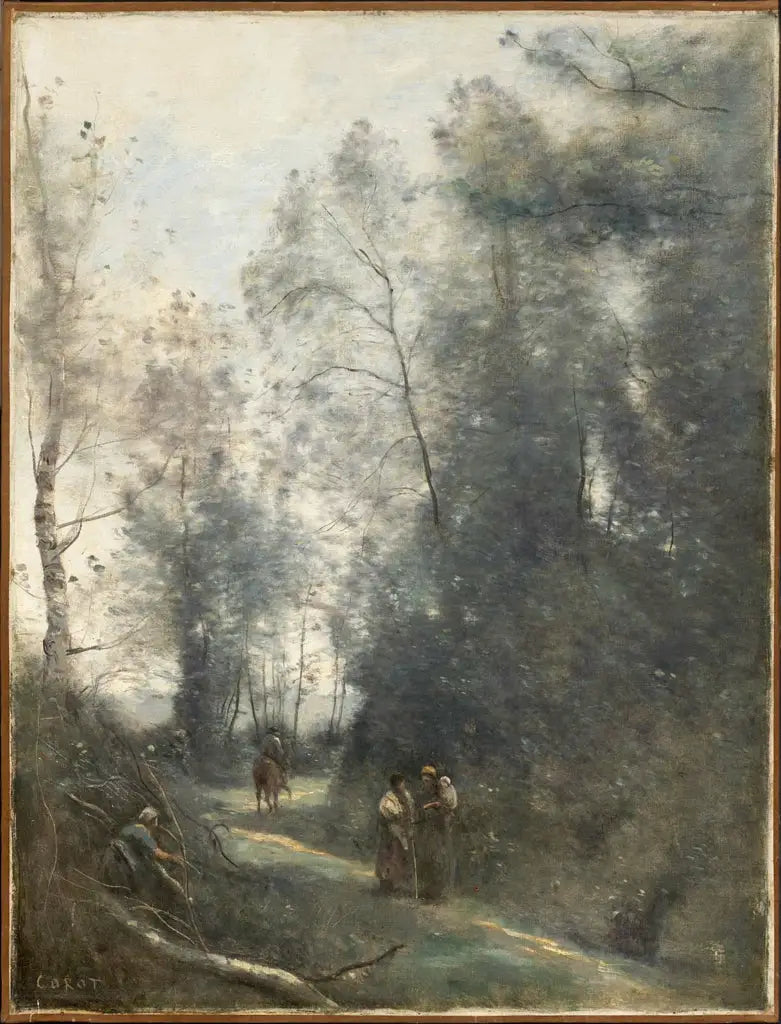 Kääntynyt tie kolmella maalaisnaisella ja ratsastajalla - Jean-Baptiste Camille Corot
