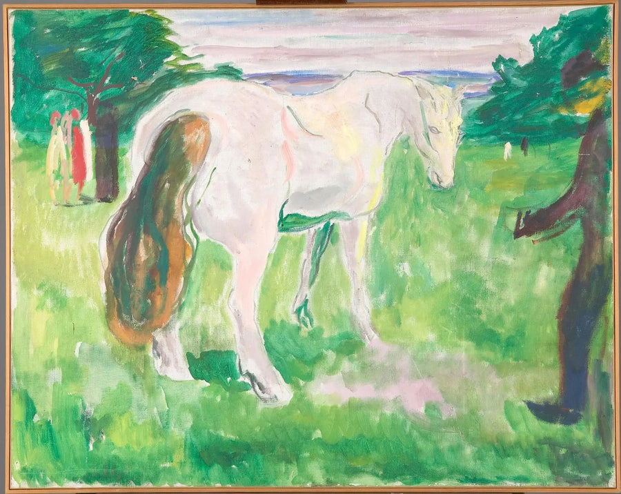 Valkoinen hevonen vihreällä niityllä - Edvard Munch