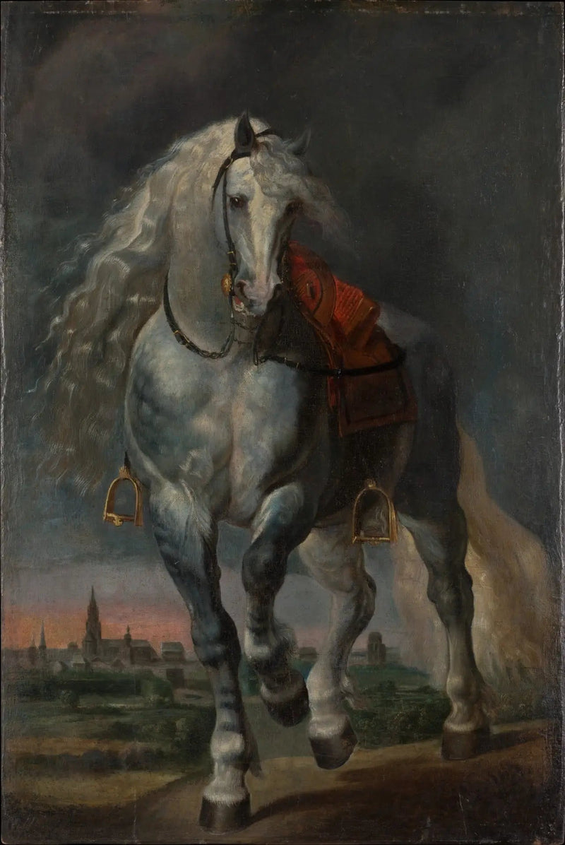 Valkoinen hevonen kävelemässä tasaisella maisemalla kaupungin edessä - Peter Paul Rubens