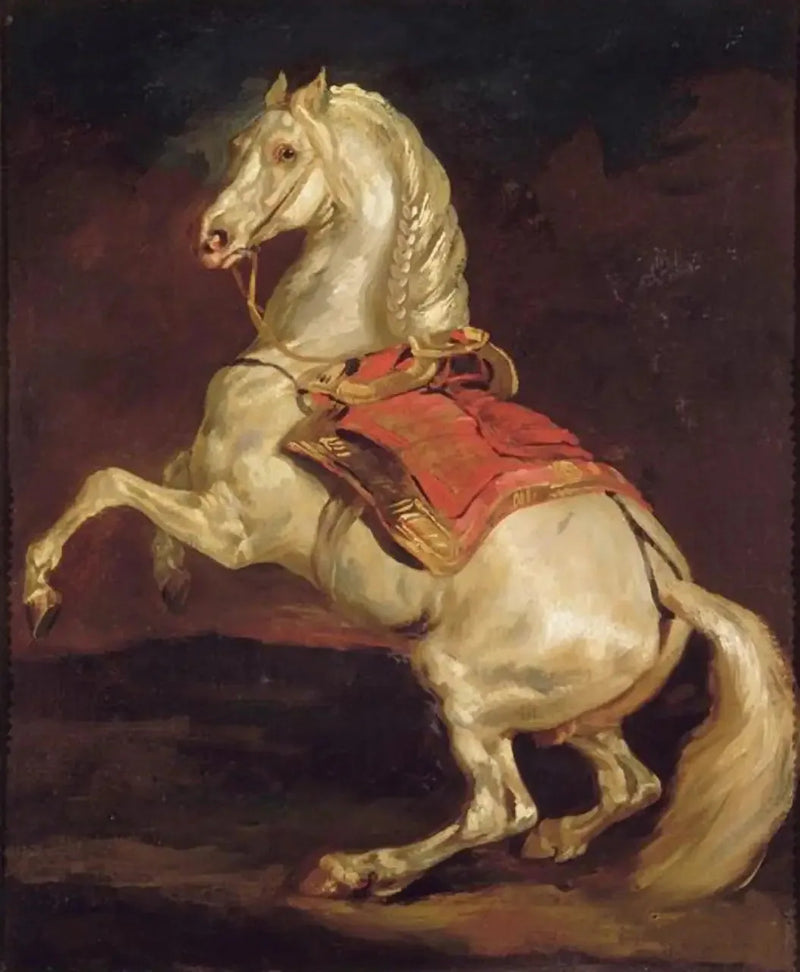 Pystyssä oleva hevonen punaisella satulahuovalla - Théodore Géricault