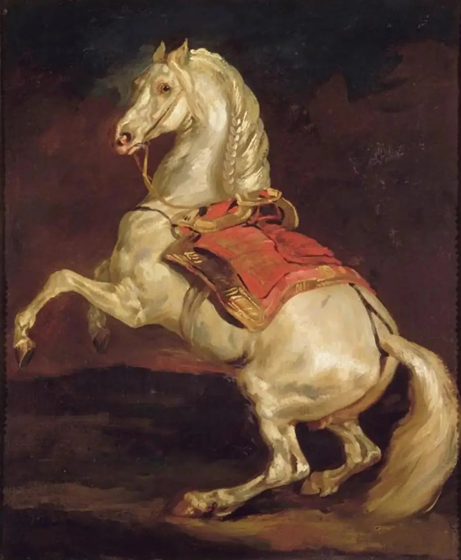 Pystyssä oleva hevonen punaisella satulahuovalla - Théodore Géricault