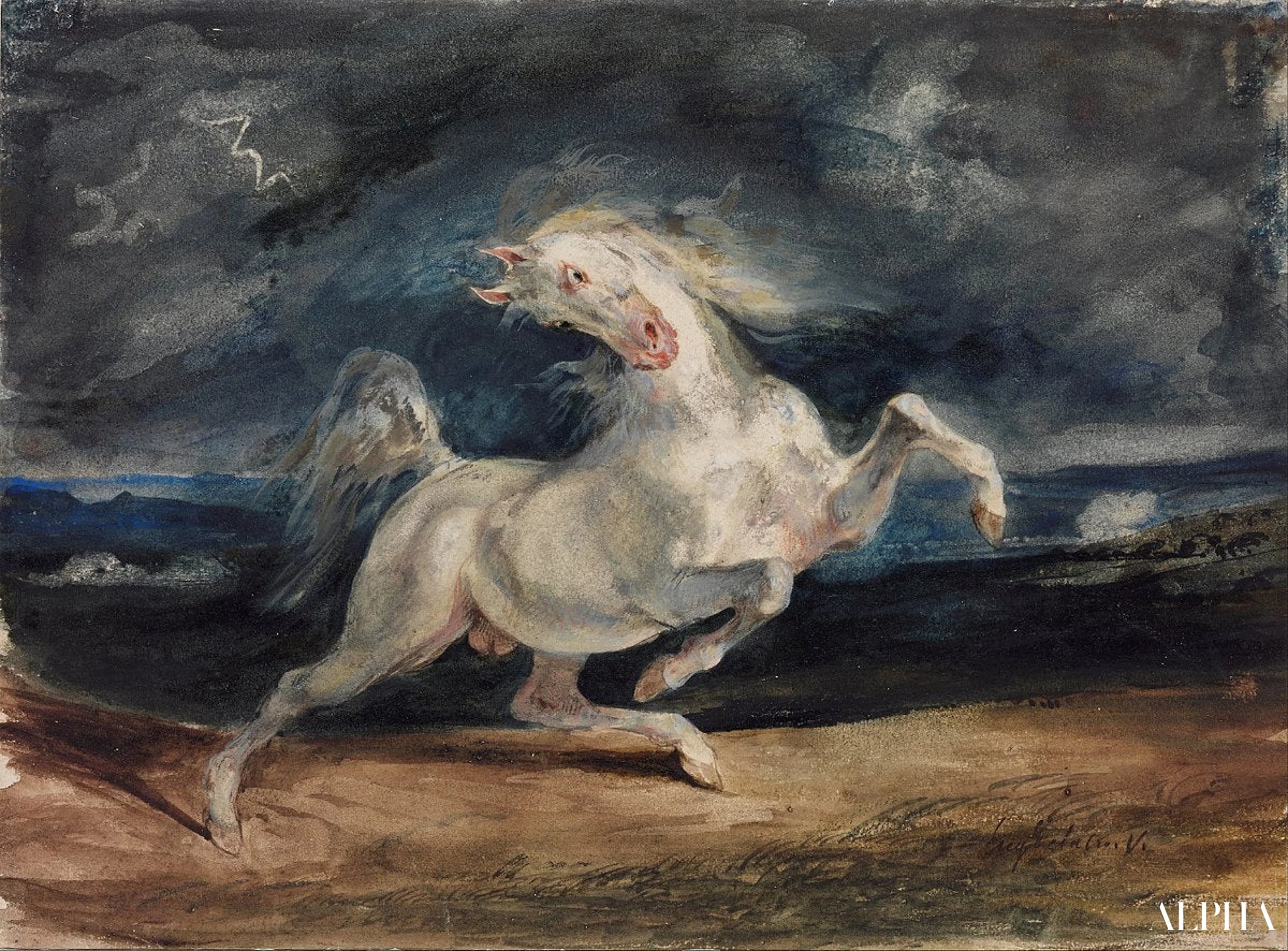 Pelokas hevonen myrskyn aikana - Eugène Delacroix - Korkealaatuiset taulujen ja maalauksien reproduktiot