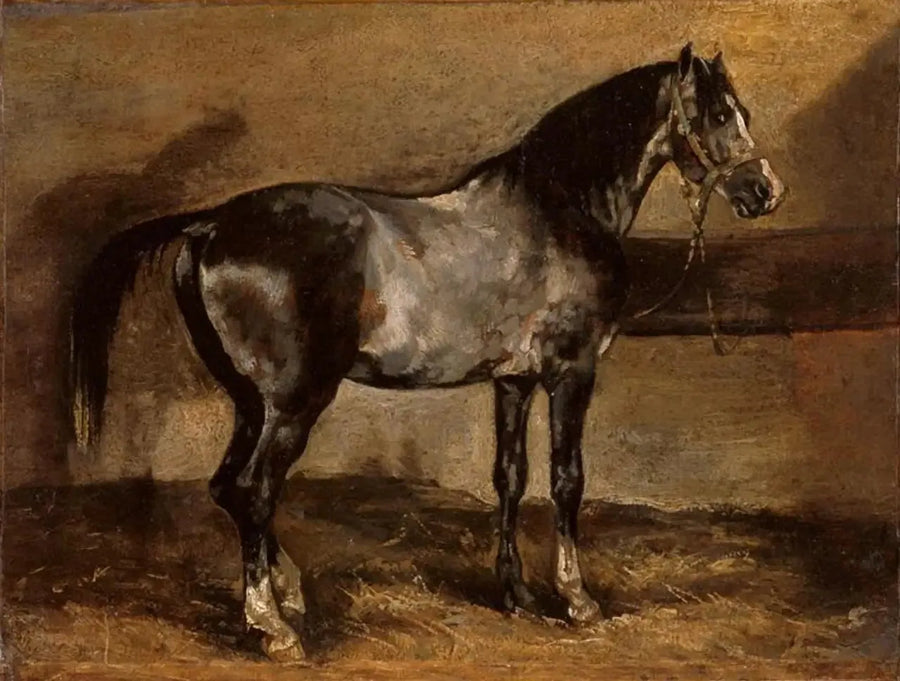 Harmaa hevonen heinätelineellä - Théodore Géricault