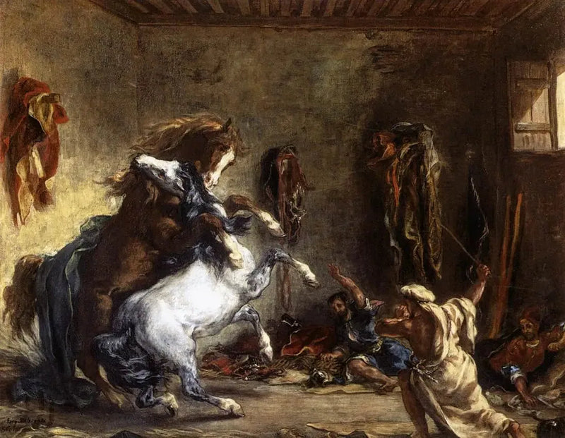 Arabialaiset hevoset taistelevat tallissa - Eugène Delacroix