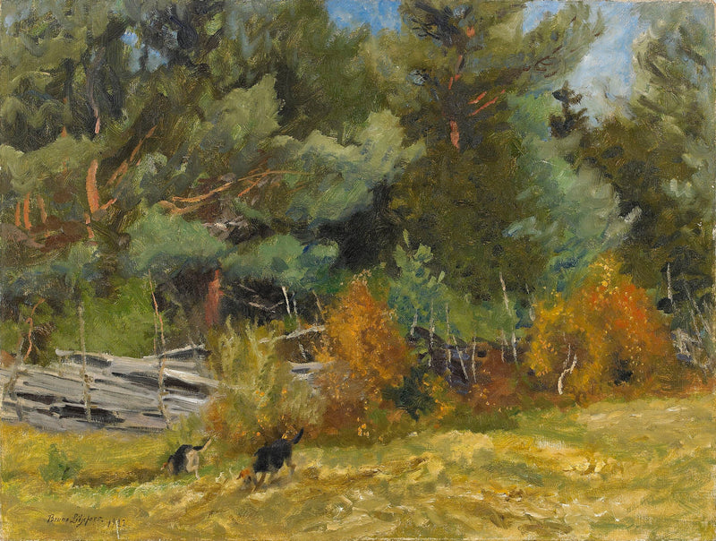 Metsästyskoiria aidan luona - Bruno Liljefors