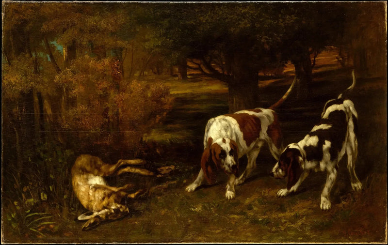 Metsästyskoirat ja kuollut jänis - Gustave Courbet