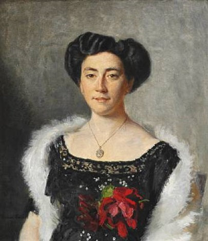 Christiane Bruun de Neergaard mustassa iltapuvussa, jota koristaa punainen ruusu - Michael Peter Ancher