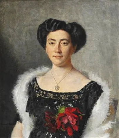 Christiane Bruun de Neergaard mustassa iltapuvussa, jota koristaa punainen ruusu - Michael Peter Ancher