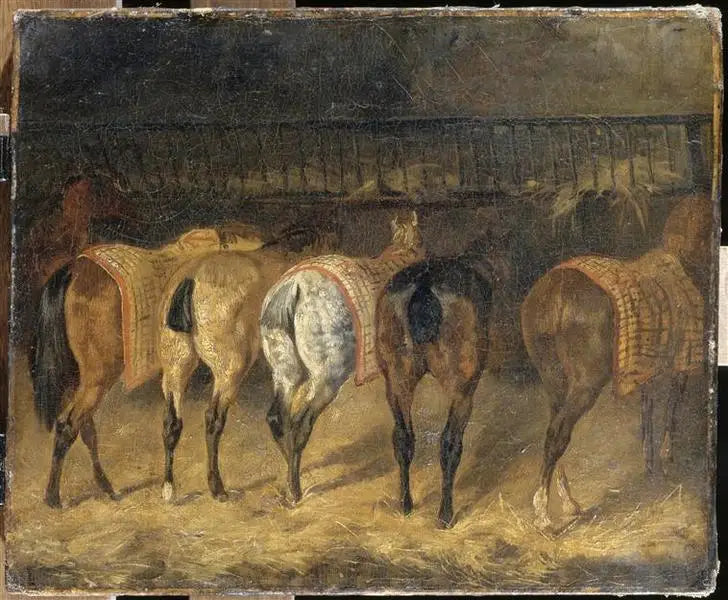 Viisi hevosta takaa päin tallissa - Théodore Géricault