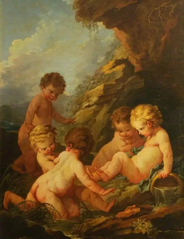 Viisi alastonta lasta leikkimässä kallioisen uima-altaan rannalla - François Boucher
