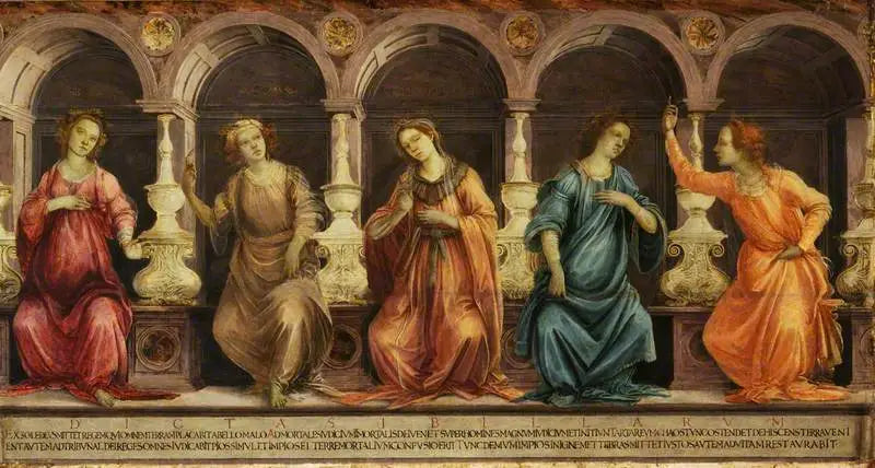 Viisi sibylliä istumassa niiteissä: Samialainen, Kumialainen, Hellespontinen, Phrygialainen ja Tiburtine - Filippino Lippi