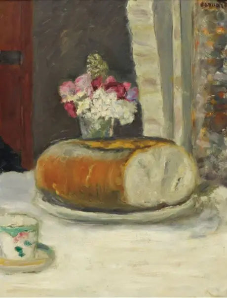 Pöytäkulma (Kahvikuppi, leipä ja kukat) - Pierre Bonnard