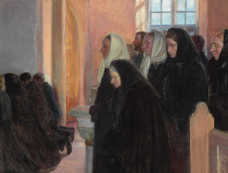 Ehtoollinen Skagenin kirkossa. Auringonvalo siivilöityy lasimaalausten läpi. - Anna Ancher