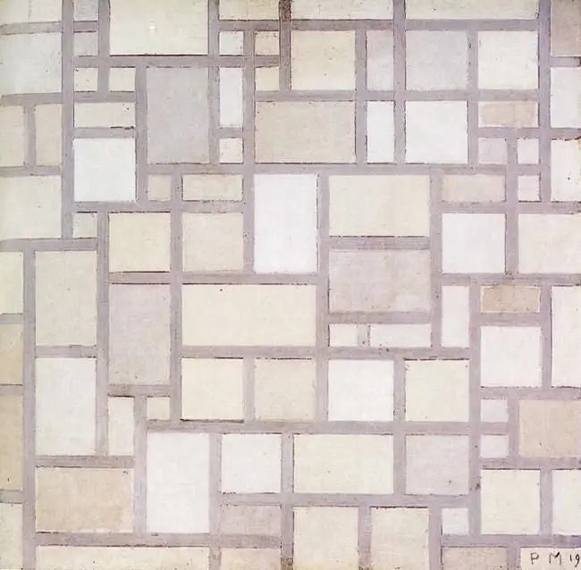 Koostumus 7: Vaaleat värisuunnitelmat harmailla ääriviivoilla - Piet Mondrian