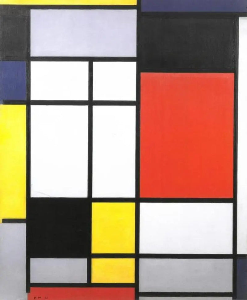Koostumus keltaisesta, sinisestä, mustasta, punaisesta ja harmaasta - Piet Mondrian