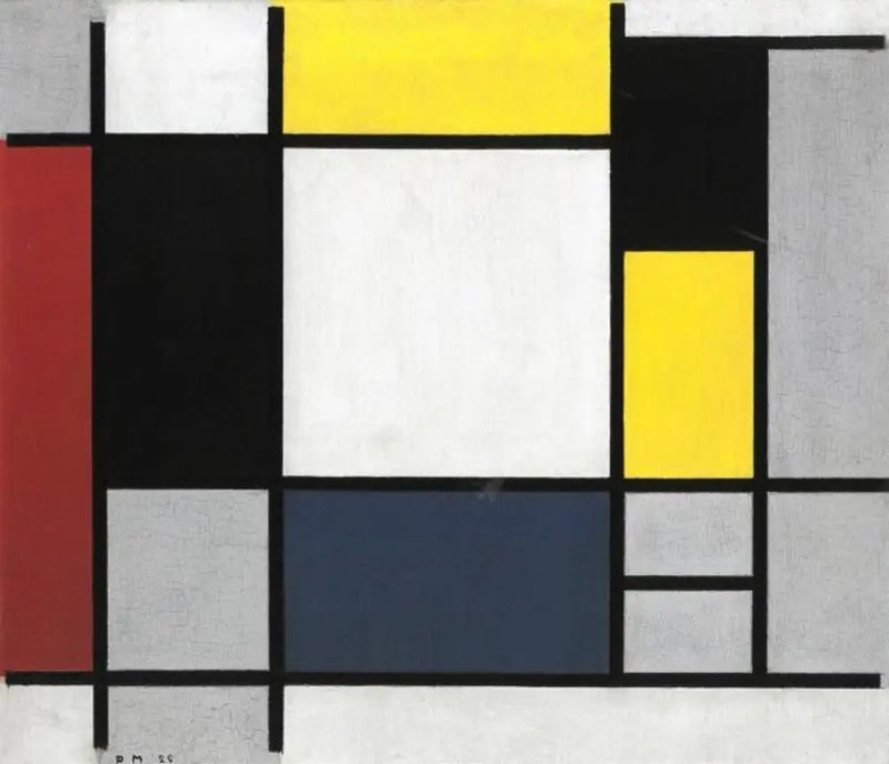 Koostumus keltaisesta, punaisesta, mustasta, sinisestä ja harmaasta - Piet Mondrian